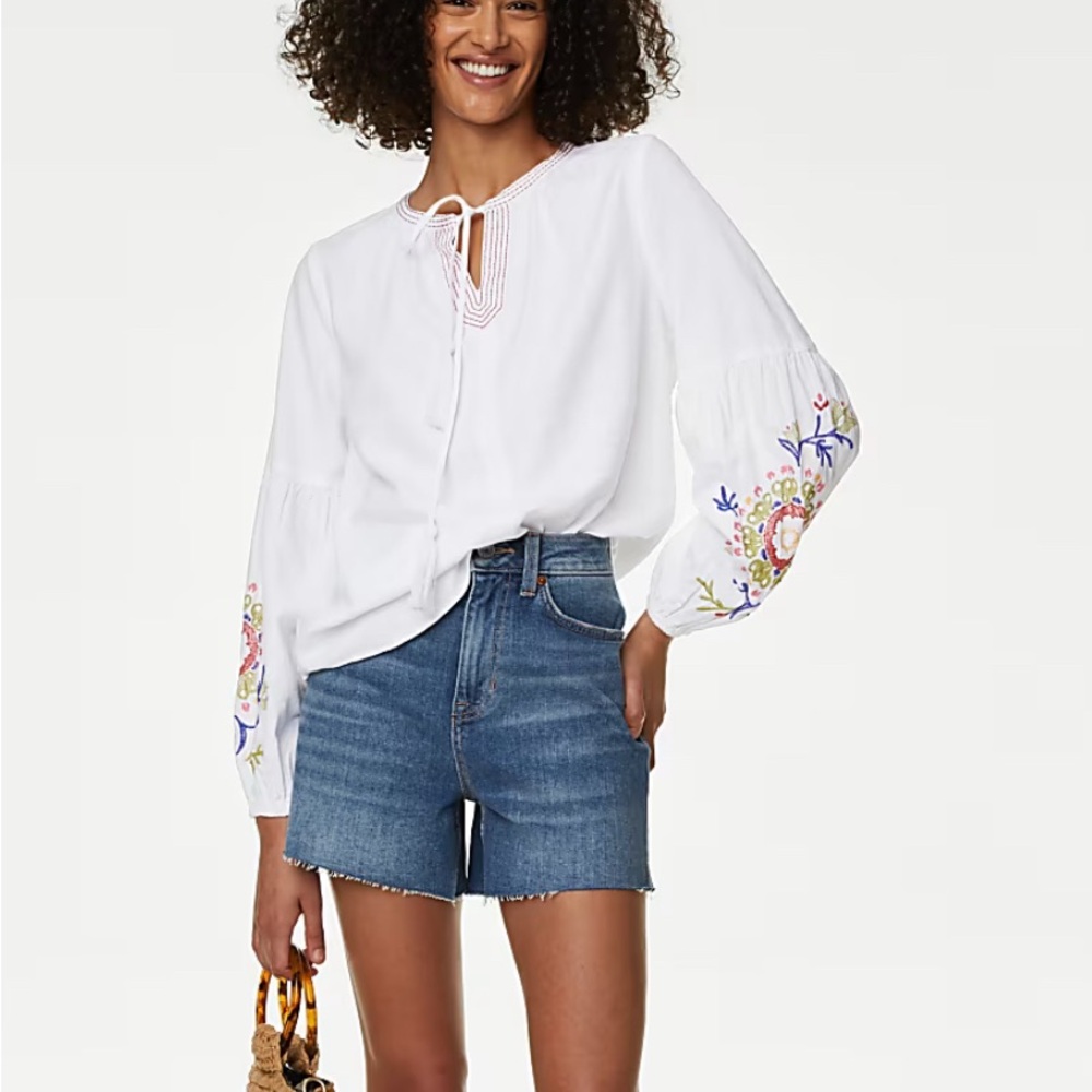 M & S Collection Linen Rich Embroidered
Tie Neck Blouse